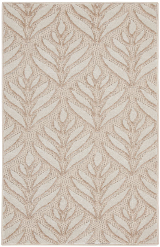 Beige rug with taupe leafy pattern, textured woven pile; rectangular, modern botanical design for living spaces.