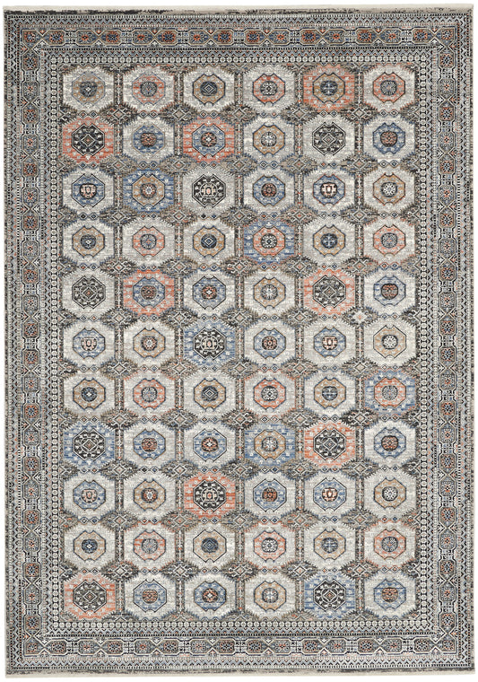 Rectangular Persian-style rug with repeating octagonal medallions in blue, coral, taupe and ivory; intricate floral borders.