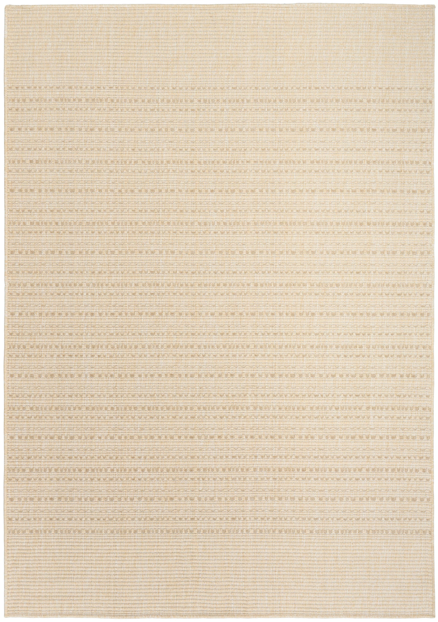 Beige outdoor flat-weave rug with subtle horizontal stripes and textured weave; neutral, versatile outdoor decor.