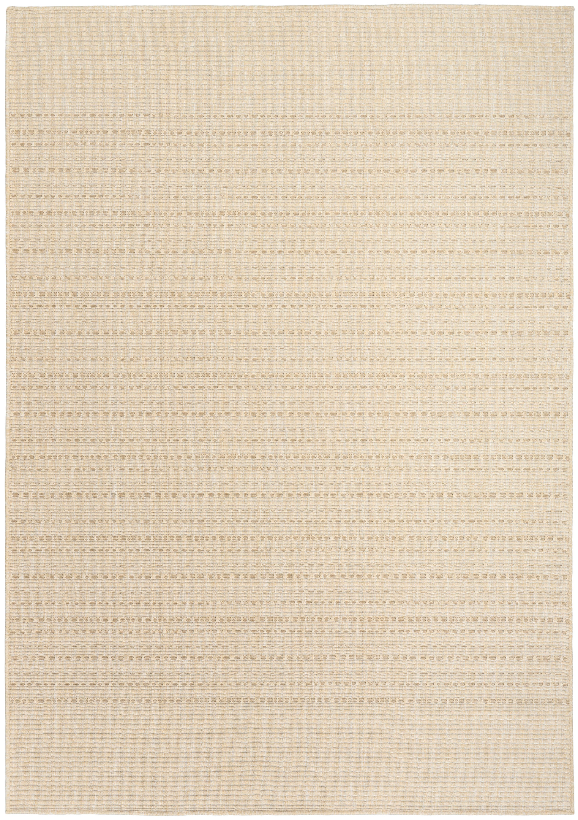 Beige outdoor flat-weave rug with subtle horizontal stripes and textured weave; neutral, versatile outdoor decor.