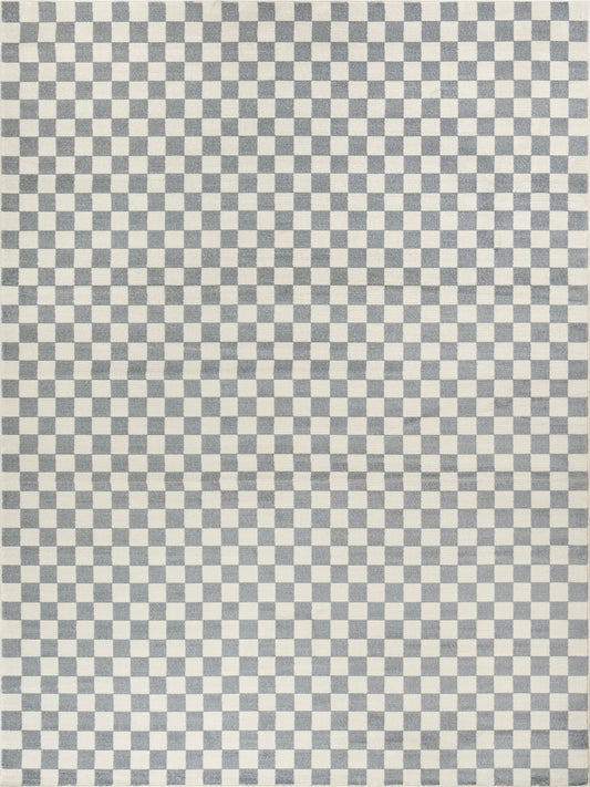 Gray and navy checkerboard woven rug texture with a small square pattern.
