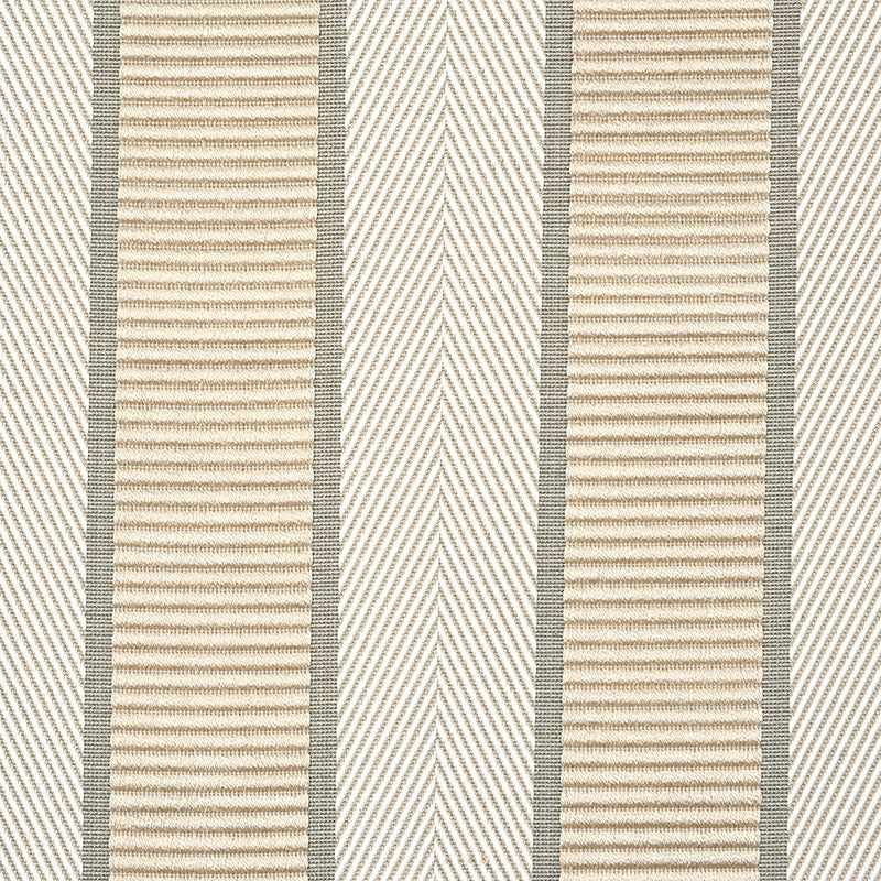 Beige and cream striped woven fabric with vertical ribbed tan panels and slim gray borders.