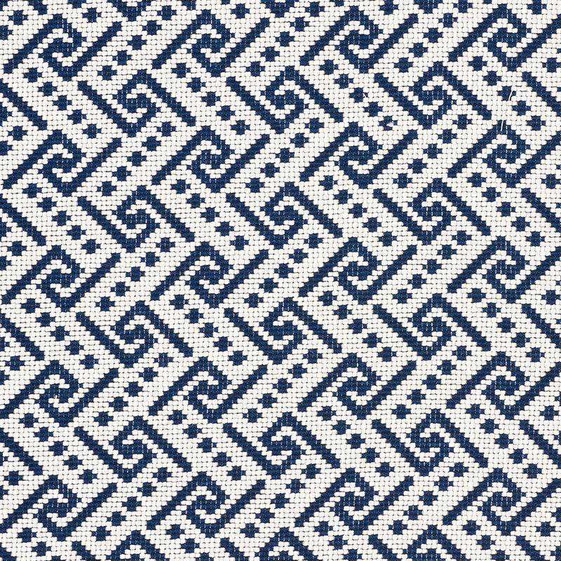 Navy blue and white woven fabric with an Ionic weave pattern.