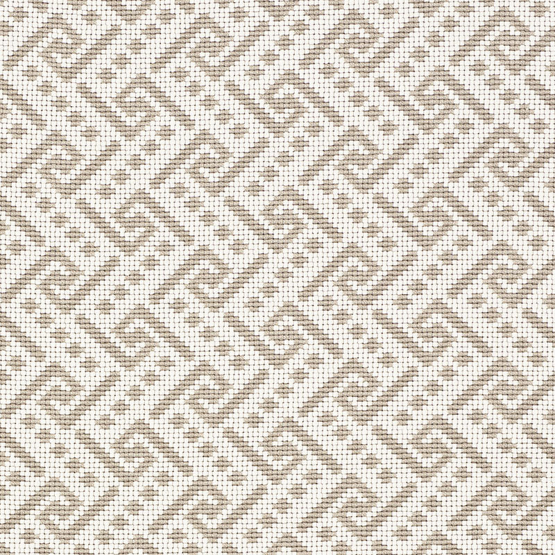 Beige and white woven fabric with a textured linen-like surface and a repeating Ionic weave pattern.