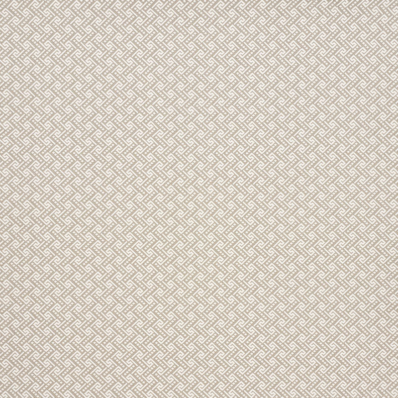 Beige woven fabric with a subtle interlocking lattice Ionic weave pattern in dune tones, suitable for upholstery or drapery.