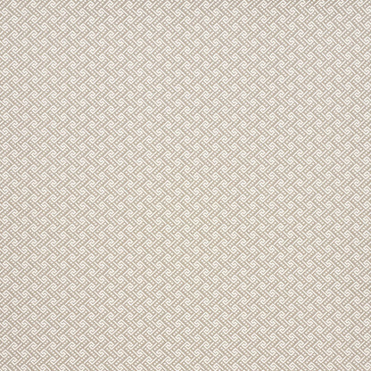Beige woven fabric with a subtle interlocking lattice Ionic weave pattern in dune tones, suitable for upholstery or drapery.