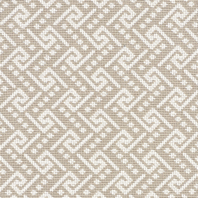 Beige linen-look fabric with cream interlocking Greek-key lattice pattern; woven texture.