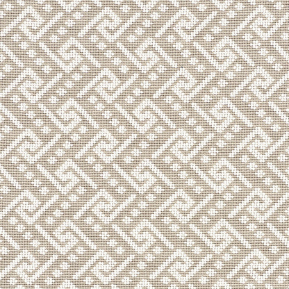 Beige linen-look fabric with cream interlocking Greek-key lattice pattern; woven texture.