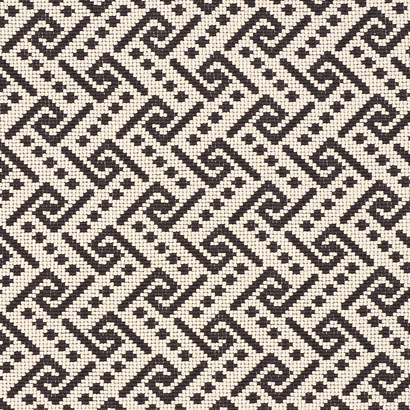 Beige woven fabric with a black interlocking Greek-key geometric pattern; versatile textile for upholstery or drapery.