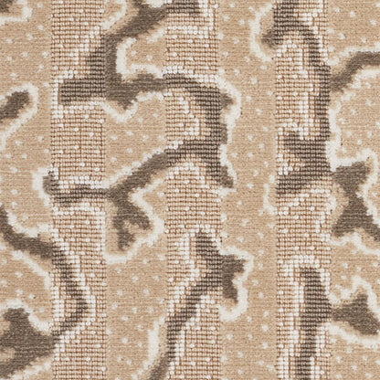 Beige and taupe rug with abstract serpentine pattern in a soft woven texture.