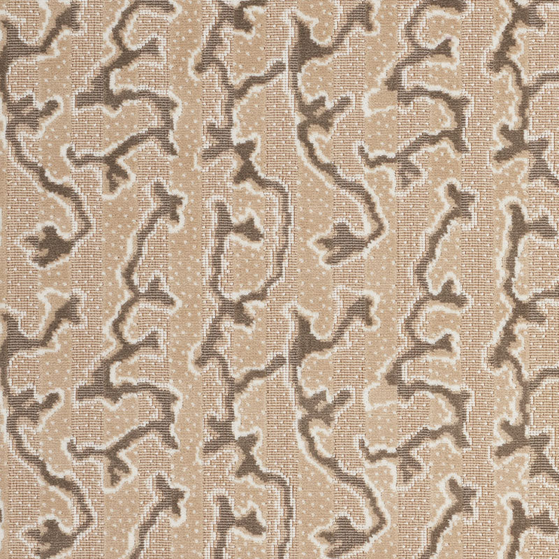 Beige woven fabric with dark brown irregular squiggles outlined in white; organic abstract pattern.