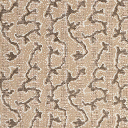 Beige woven fabric with dark brown irregular squiggles outlined in white; organic abstract pattern.