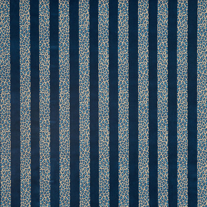 Navy blue and beige vertical striped fabric with speckled textured stripes, suitable for upholstery or drapery.