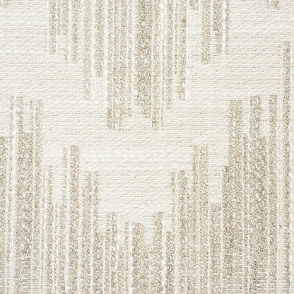 Beige and cream geometric woven rug with vertical column motifs and textured surface.