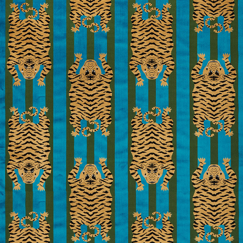 Tiger-print velvet fabric: orange and black striped tigers on teal and green vertical stripes; repeating decorative pattern.