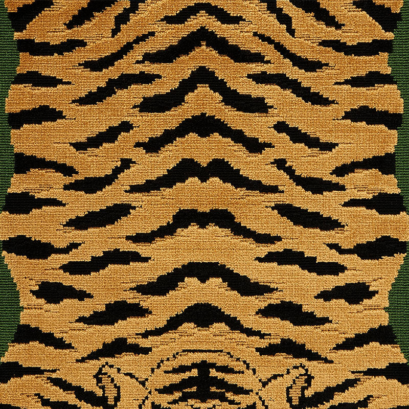 Tiger-striped velvet fabric in tan and black with peacock & olive accents; woven textile for bold decor