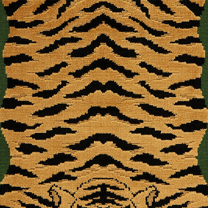 Tiger-striped velvet fabric in tan and black with peacock & olive accents; woven textile for bold decor