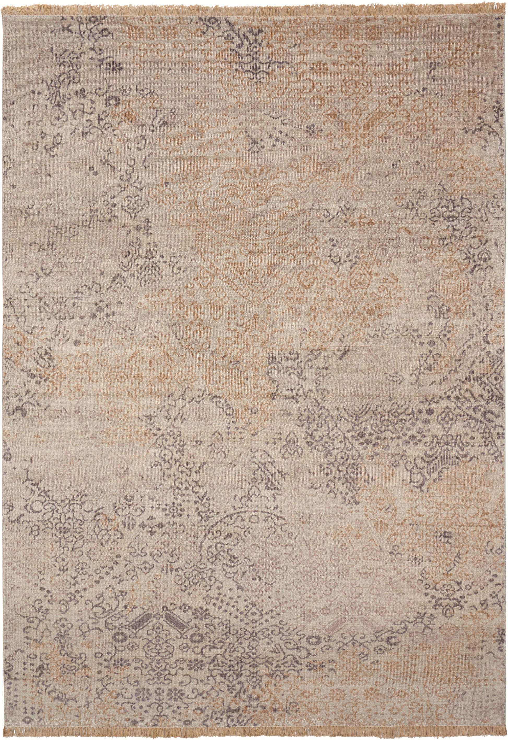 Distressed vintage-style area rug in beige, taupe and cream with faded oriental medallion pattern.