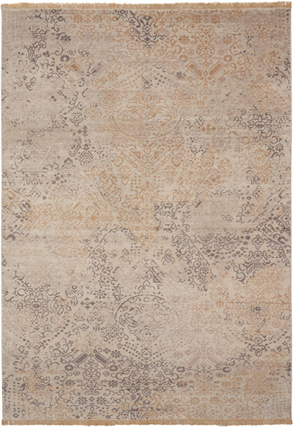 Distressed vintage-style area rug in beige, taupe and cream with faded oriental medallion pattern.