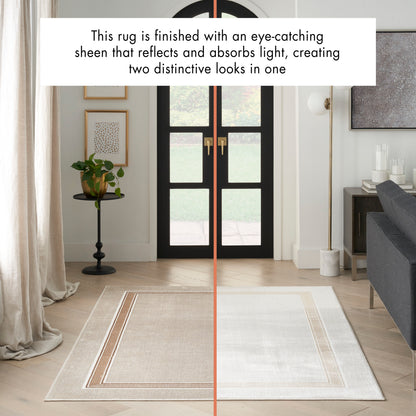 Rectangular beige rug with a bordered frame; left side sheen, right side matte, in a modern living room.