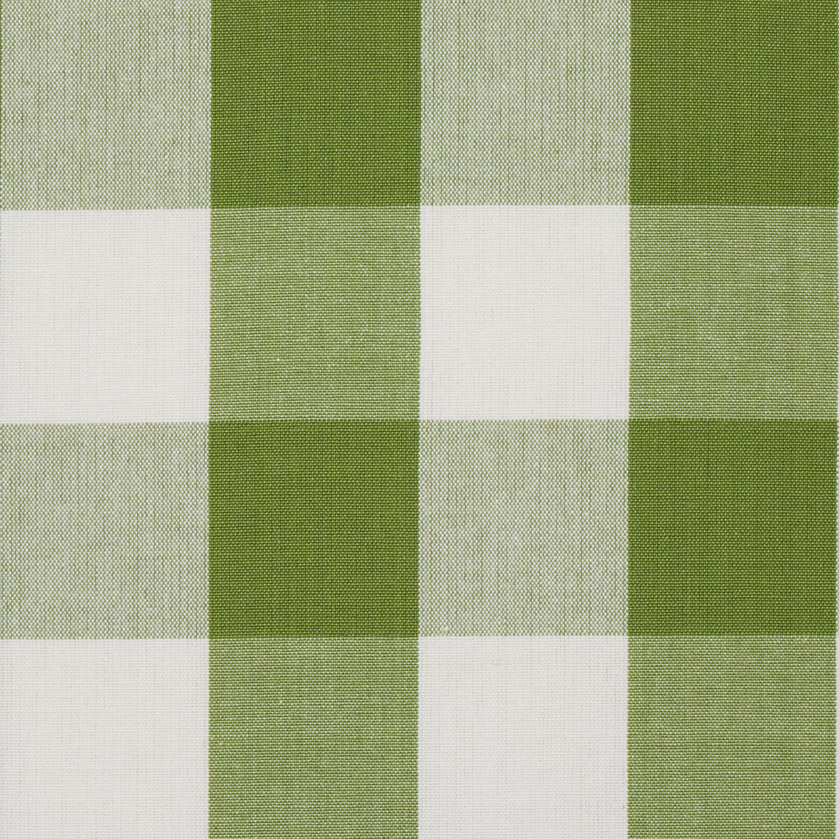 Green and white checkered gingham fabric with woven texture and alternating square pattern.