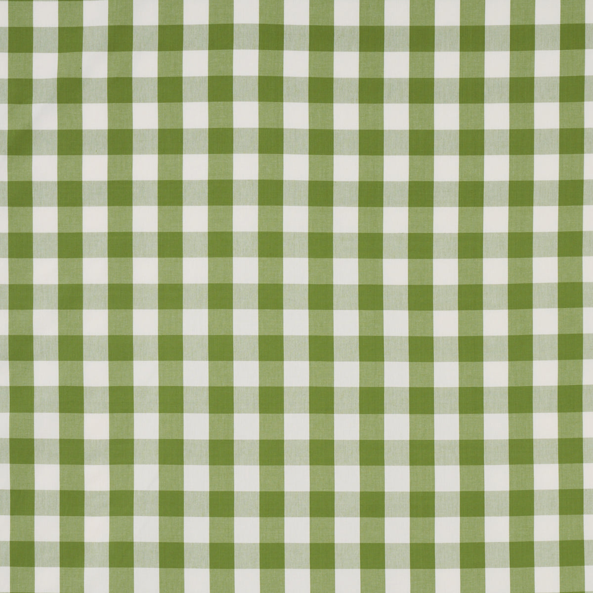 Green and white cotton check pattern; woven gingham fabric.