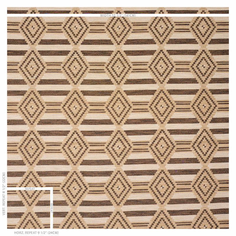 Beige and brown geometric rug with repeating diamond lattice pattern and horizontal stripes.