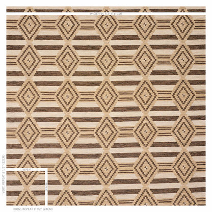 Beige and brown geometric rug with repeating diamond lattice pattern and horizontal stripes.