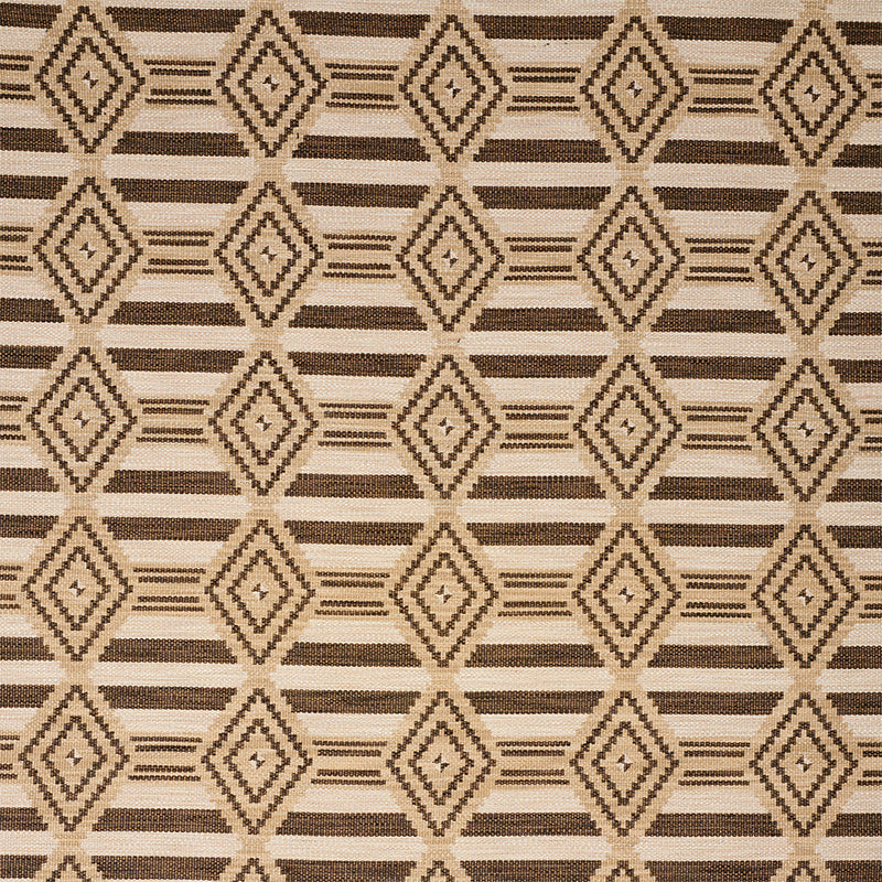 Beige and brown geometric diamond-patterned fabric with repeating diamond motifs and horizontal stripes.