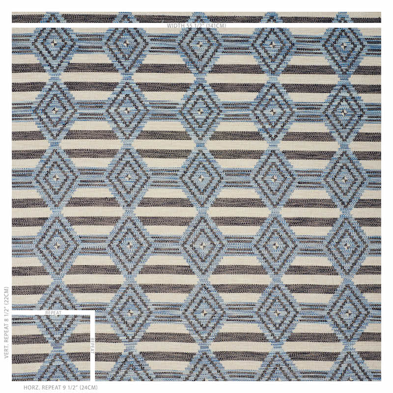 Blue diamond lattice rug on beige striped ground; woven geometric pattern in cool blues.