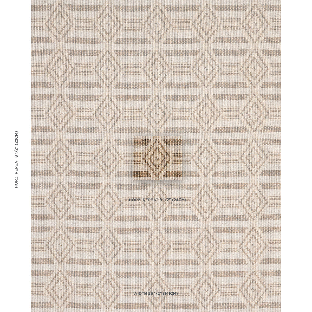 Beige and cream geometric diamond patterned rug with horizontal stripes; neutral woven area rug.