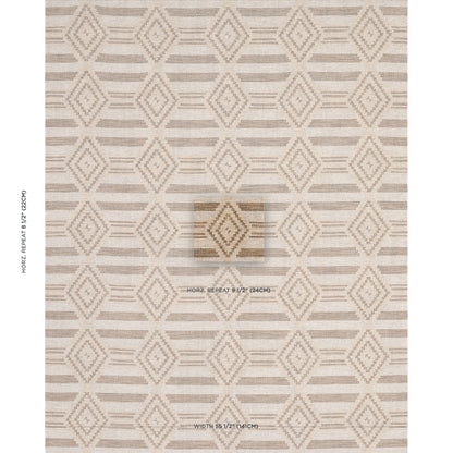Beige and cream geometric diamond patterned rug with horizontal stripes; neutral woven area rug.