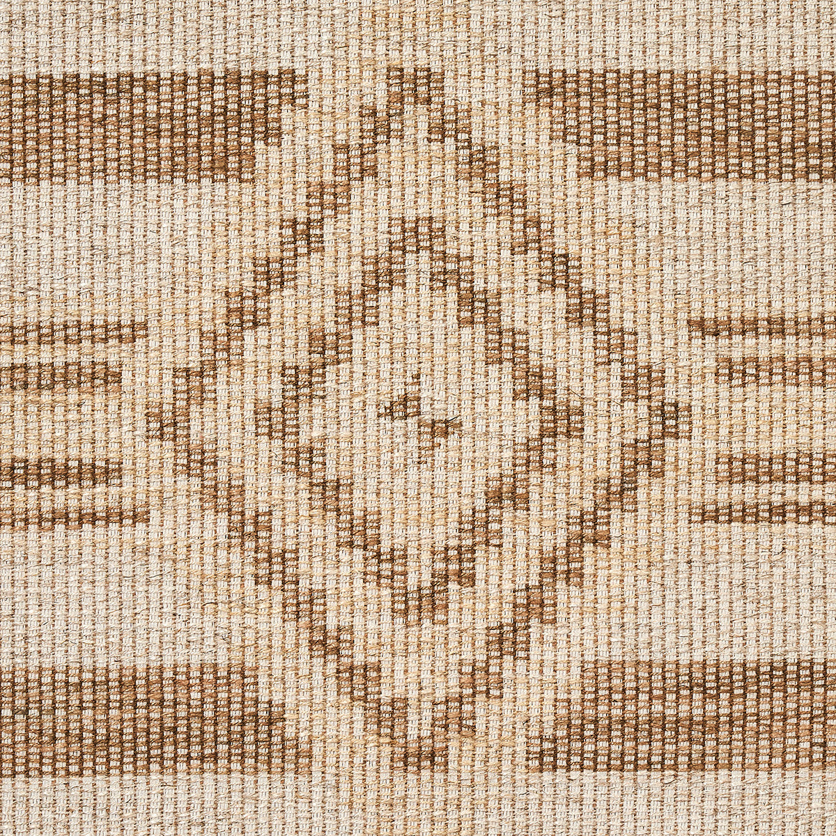 Beige woven rug with brown nested diamond motif and horizontal stripes in a kilim style.
