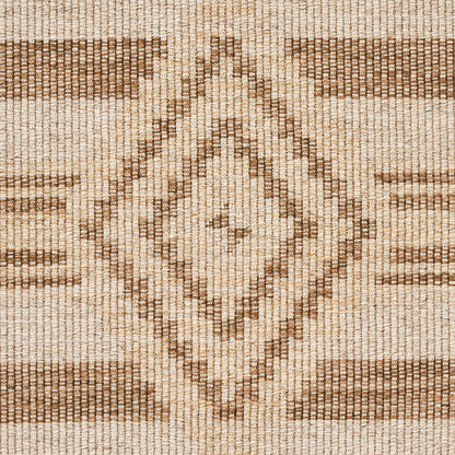 Beige woven rug with brown nested diamond motif and horizontal stripes in a kilim style.