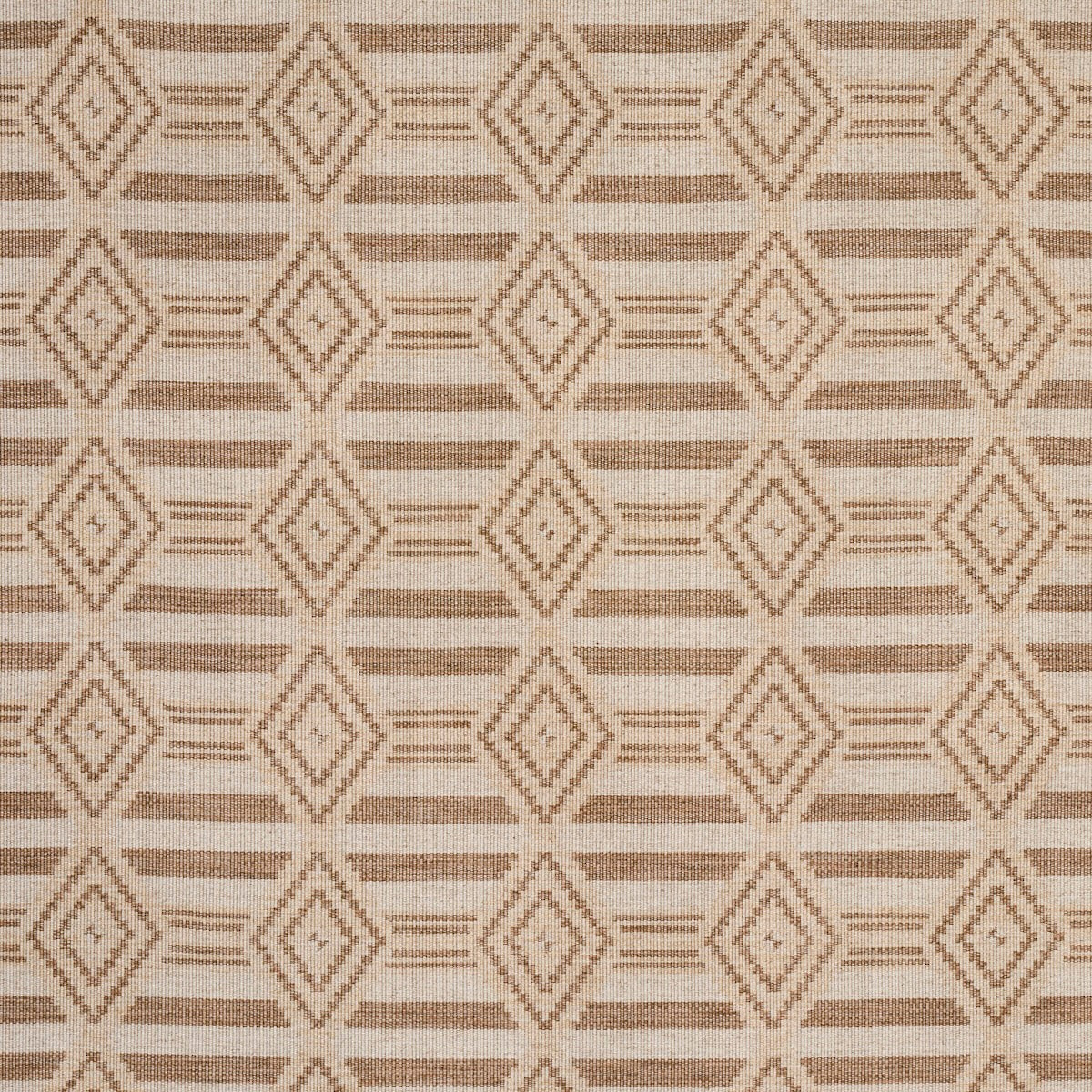 Beige woven fabric with repeating diamond motifs and subtle horizontal stripe bands in a neutral palette.