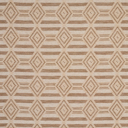 Beige woven fabric with repeating diamond motifs and subtle horizontal stripe bands in a neutral palette.