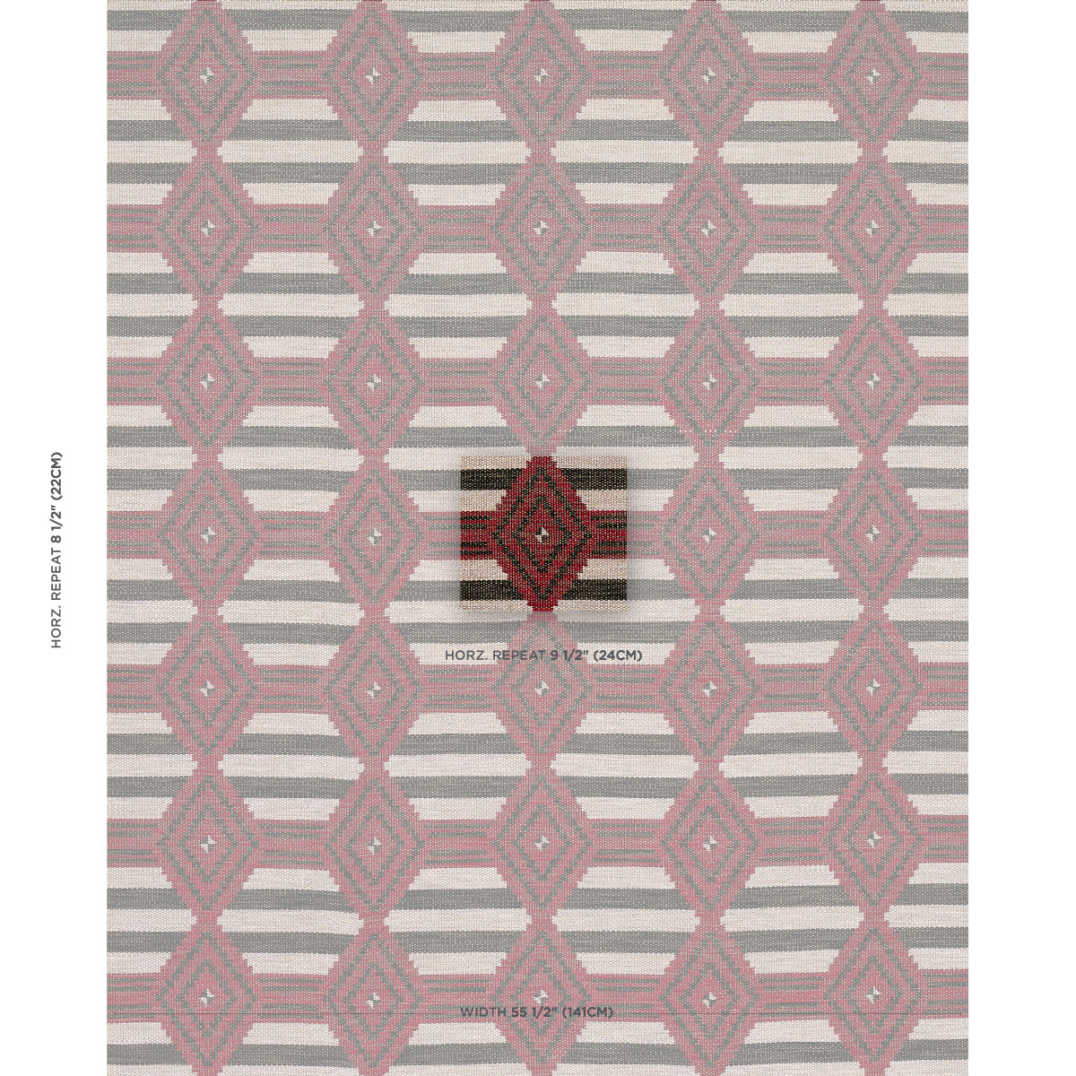 Pink mauve diamond lattice on gray and cream striped fabric; woven textile.