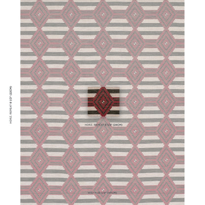 Pink mauve diamond lattice on gray and cream striped fabric; woven textile.