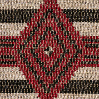 Red diamond kilim pattern with black borders on a beige and black striped background.