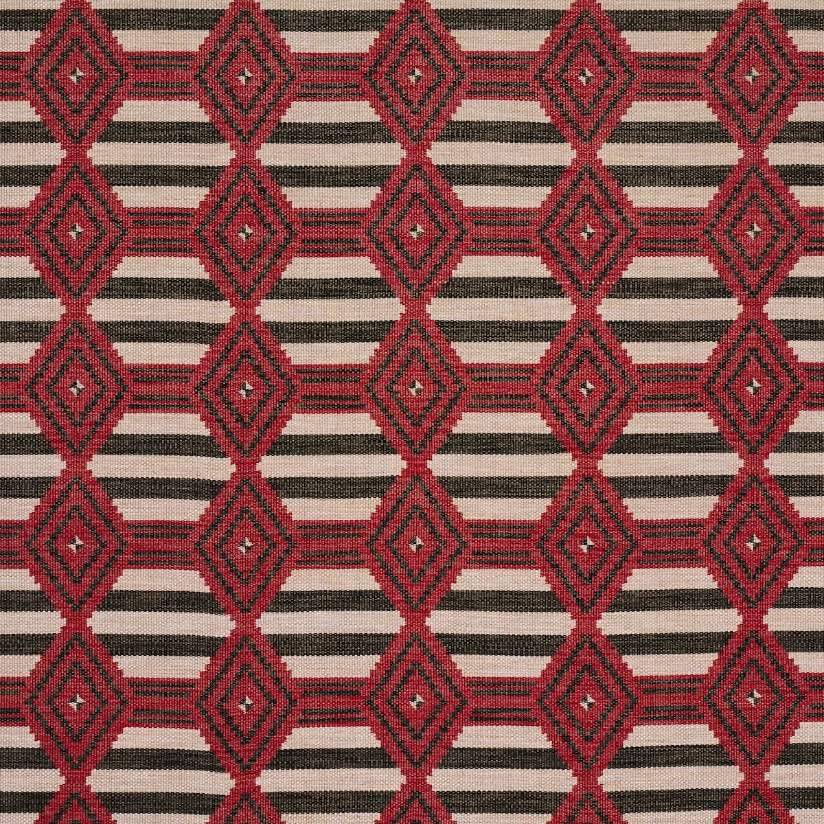 Red diamond lattice on beige and black striped woven textile, geometric rug.