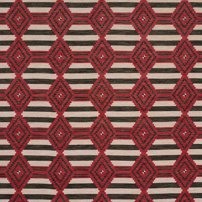 Red diamond lattice on beige and black striped woven textile, geometric rug.