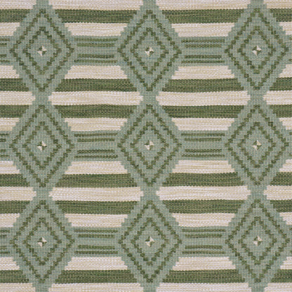 Repeated diamond lattice weave in mineral green on beige background; upholstery fabric style.