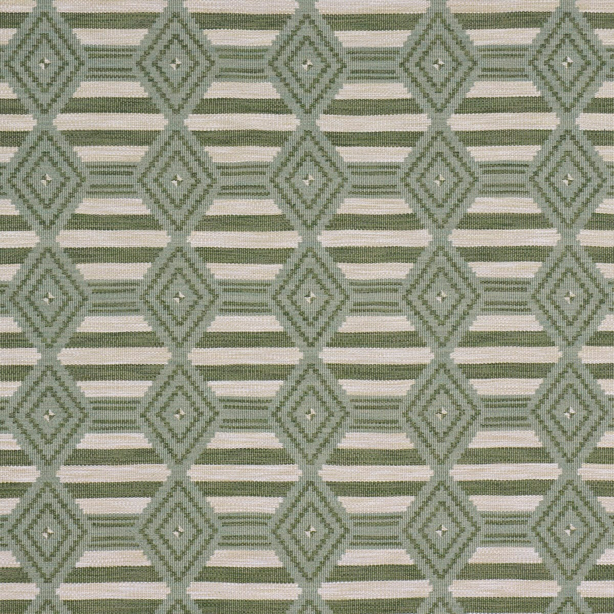 Woven textile with repeating muted green diamond lattice and inner diamonds on a striped ivory-green background.