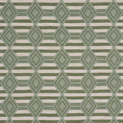 Woven textile with repeating muted green diamond lattice and inner diamonds on a striped ivory-green background.