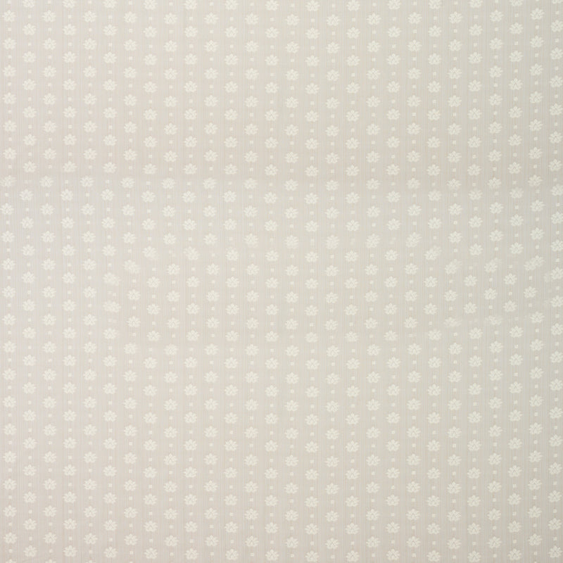 Beige fabric with tiny white floral dots in neat vertical rows; soft, delicate textile for upholstery or curtains.