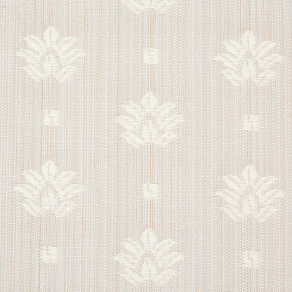 Beige woven fabric with white damask floral motifs and subtle vertical texture in natural color.