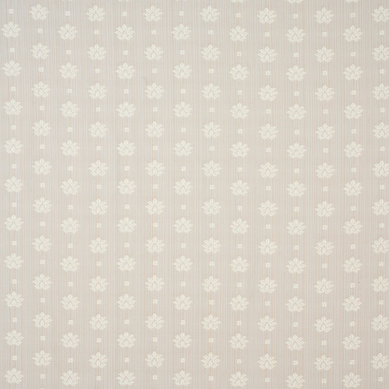 Beige wallpaper texture with delicate white floral damask pattern in vertical columns.