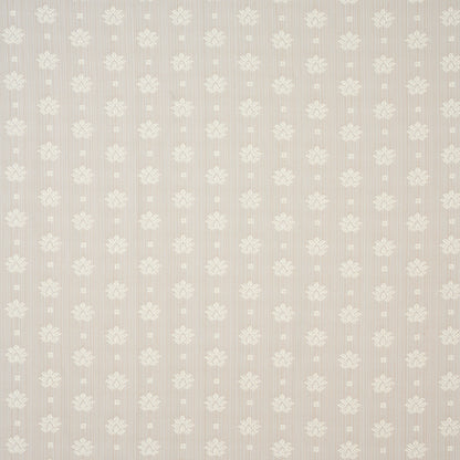Beige wallpaper texture with delicate white floral damask pattern in vertical columns.