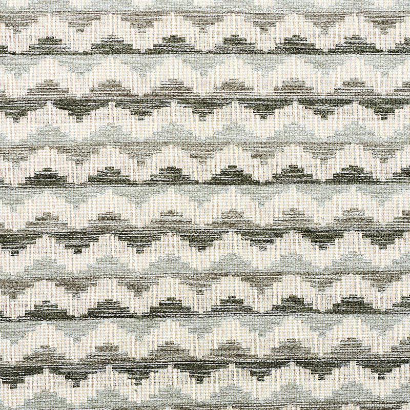 Knitted fabric with repeating gray and white chevron zigzag pattern; soft, cozy textile for sweaters or scarves.