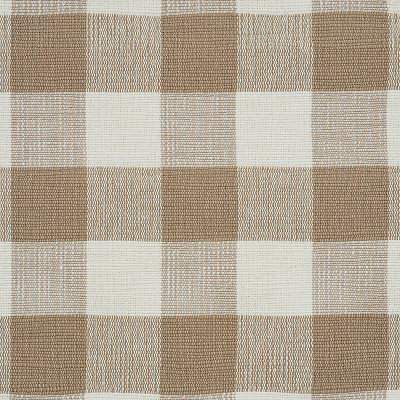 Beige and tan checked woven fabric, gingham-style pattern with a textured, chunky weave.